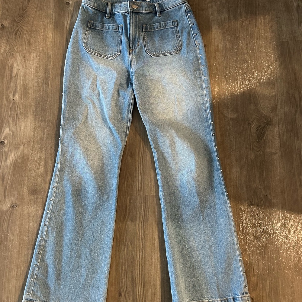 LOFT Light Blue Flare Jeans with Side Stud Detail